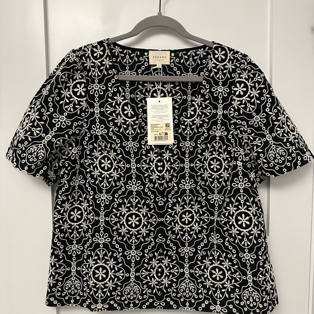 Sezane Black and White Floral Blouse